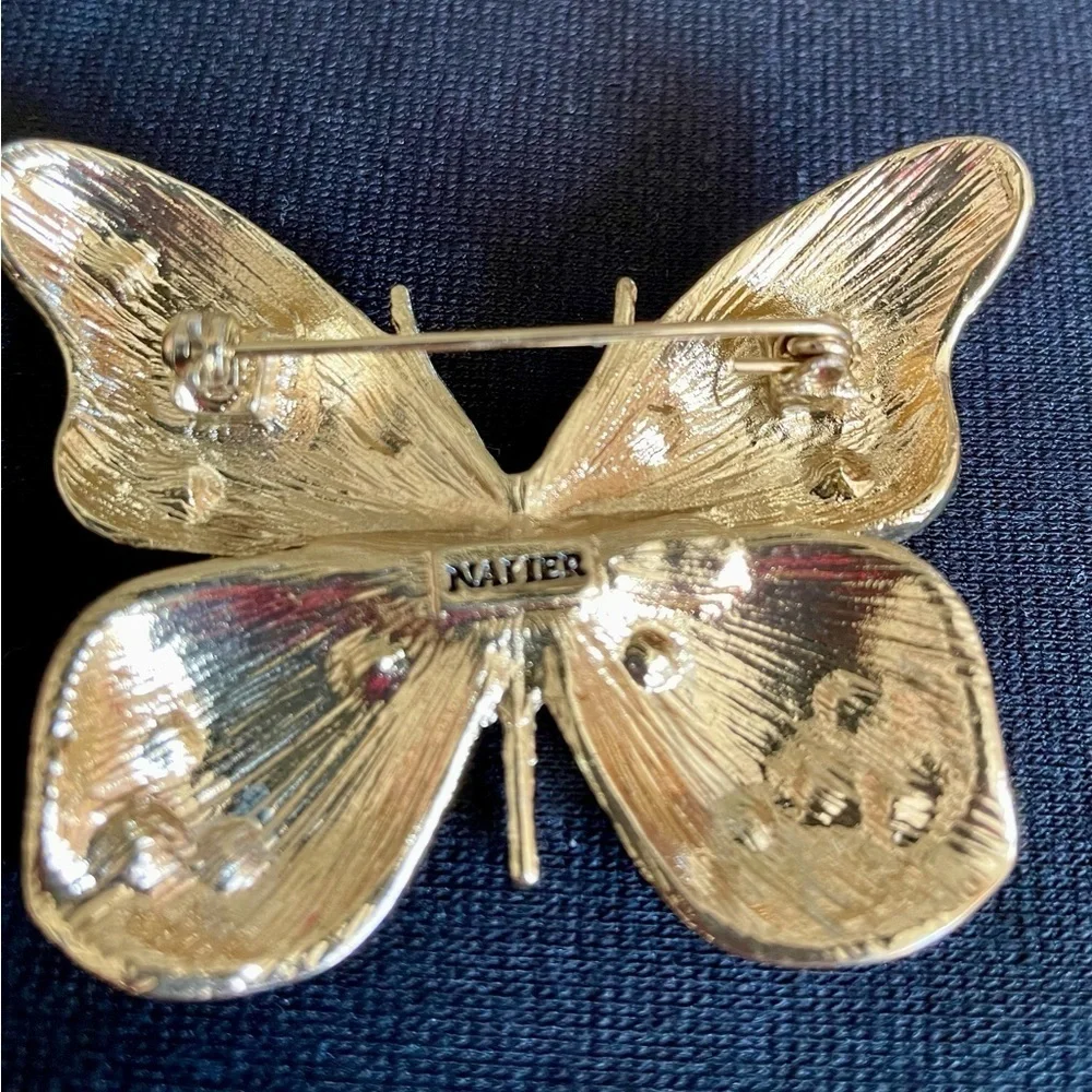 Napier Brooch Butterfly  Multi-Colored Oval Rhinestones Vintage Gold Orange